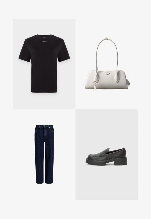 Schwarzes Baumwoll-T-Shirt mit kurzen Ärmeln, Rundhalsausschnitt und kleinem weißen "Calvin Klein"-Logo auf der Brust. Glatte Textur, klassischer Schnitt.; Dunkelblaue Denim-Jeans mit geradem Bein, hoher Taille, fünf Taschen und kontrastierenden Nähten. Ohne Verzierungen.; Schwarze Lederloafer mit einer abgerundeten Spitze, dicker strukturierten Laufsohle und minimalen Nähten. Schlankes Design ohne sichtbare Schnürsenkel oder Beschläge.; Weiße Calvin Klein Schultertasche mit langen Griffen, rechteckiger Form, Reißverschluss und dekorativem Logo-Anhänger, der in der Nähe des Griffs hängt.