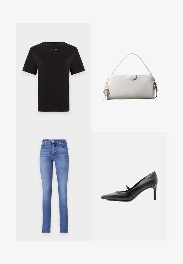 Camiseta de algodón negra con mangas cortas, cuello redondo y pequeño logo blanco de "Calvin Klein" en el pecho. Textura suave, corte clásico.; Vaqueros de tiro alto y corte slim en denim azul claro, con cinco bolsillos, un leve desvanecido y un cierre clásico de botones y cremallera.; Zapato de tacón alto de cuero negro con punta puntiaguda, con tira fina y hebilla sobre el empeine, sobre fondo claro y neutro.; Bolso rectangular blanco de Calvin Klein con un solo asa, diseño minimalista y borlas decorativas con un charm metálico geométrico en el lateral.