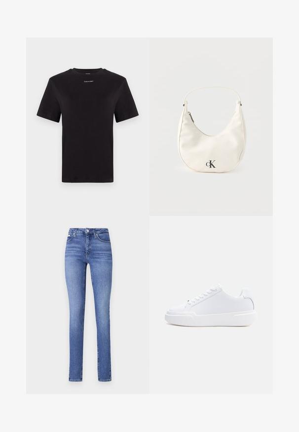 Camiseta de algodón negra con mangas cortas, cuello redondo y pequeño logo blanco de "Calvin Klein" en el pecho. Textura suave, corte clásico.; Vaqueros de tiro alto y corte slim en denim azul claro, con cinco bolsillos, un leve desvanecido y un cierre clásico de botones y cremallera.; Zapatilla blanca de corte bajo con cierre de cordones, suela gruesa y parte superior lisa, mostrada desde el lado exterior sobre un fondo claro y sencillo.; Pequeño bolso blanco en forma de media luna con correa corta, cierre de cremallera y logo negro "cK" en el frente.