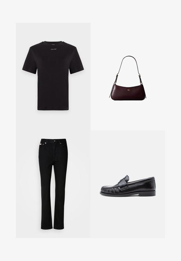 Schwarzes Baumwoll-T-Shirt mit kurzen Ärmeln, Rundhalsausschnitt und kleinem weißen "Calvin Klein"-Logo auf der Brust. Glatte Textur, klassischer Schnitt.; Schwarze Jeans mit geradem Bein, Knopf- und Reißverschluss vorne, Gürtelschlaufen und Fünf-Taschen-Design.; Schwarze Leder-Loafer mit abgerundetem Zehenbereich, markanter Naht und einem dekorativen Riemen über dem Vorderblatt. Glatte Oberfläche und niedriger Absatz.; Dunkelburgunderfarbene Lederhandtasche mit schmalem schwarzem Schulterriemen und kleinem goldenem "cK" Logo vorne in der Mitte.