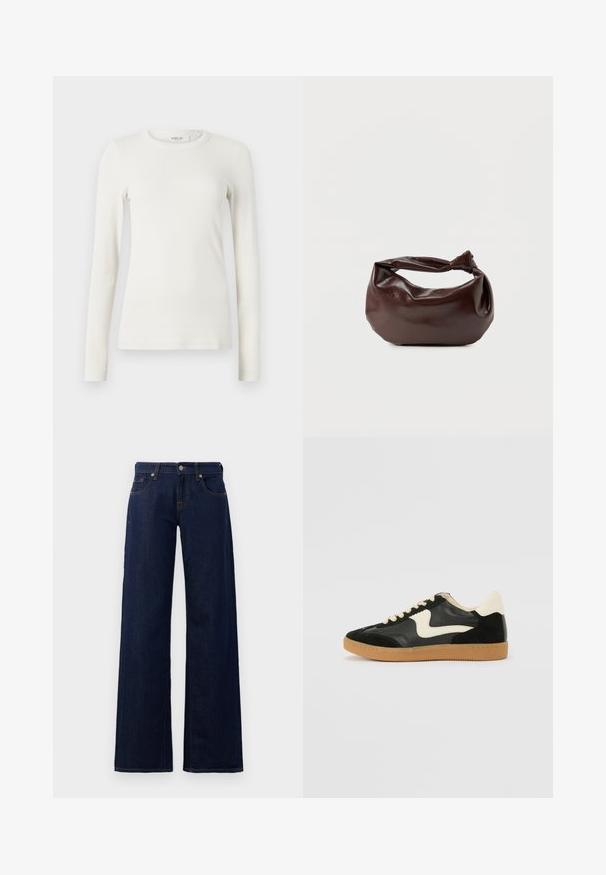 T-shirt blanc à manches longues, en tissu doux, présentant un col rond et une coupe ajustée avec des coutures minimales et sans motifs ni accents visibles.; Jeans évasés en denim bleu foncé, dotés d'un design classique à cinq poches, de coutures cuivrées et d'une fermeture par bouton à la taille.; Baskets en daim et cuir noir avec un swoosh latéral crème et un talon crème clair. Dotées de lacets beige et d'une semelle en caoutchouc gomme.; Sac bandoulière en cuir marron foncé avec une forme souple et décontractée et une anse nouée torsadée sur un fond blanc uni.