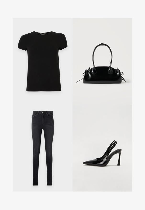 Sort kortærmet t-shirt med rund hals, lavet af glat bomuldsstof, med et enkelt design og uden synlige mønstre eller accenter.; Sorte slim-fit denim jeans med fem lommer og knapåbning i taljen, præsenteret mod en ensfarvet hvid baggrund.; Sorte patenterede lædersædler med spidse tæer, slank høj hæl og dobbelt elastisk rem for sikker pasform. Glat, skinnende overflade.; Lille sort blank håndtaske med to lange håndtag og snøre-detaljer i siden på en ensfarvet lys baggrund.