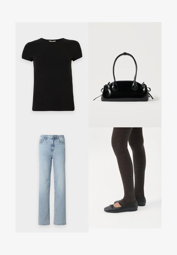 Sort kortærmet t-shirt med rund hals, lavet af glat bomuldsstof, med et enkelt design og uden synlige mønstre eller accenter.; Lyseblå denimjeans med lige ben, klassisk fem-lomme design og knap- og lynlåslukning i taljen.; Ben iført mørke ribbede leggings kombineret med sorte balletsko med små sløjfedetaljer på hvid baggrund.; Lille sort blank håndtaske med to lange håndtag og snøre-detaljer i siden på en ensfarvet lys baggrund.