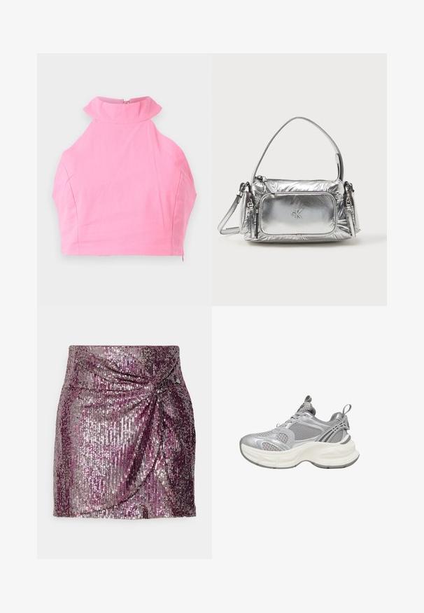 Top court rose avec un col froncé haut, texture lisse et fermeture à glissière à l'arrière. Coupe ajustée sans motifs ou accents supplémentaires.; Jupe mini en sequins présentant un dégradé de violet et d'argent avec un design drapé à l'avant et une silhouette moulante. Texture lisse et finition scintillante.; Baskets athlétiques argentées avec une tige en mesh, une semelle arrondie, des détails texturés et des accents renforcés pour un soutien supplémentaire.; Sac à main en argent métallique de forme rectangulaire, avec une fermeture éclair sur le dessus et une poche avant. Il est doté d'une courte poignée et d'une sangle réglable. Fini texturé.