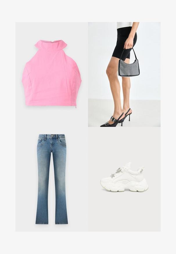 Top court rose avec un col froncé haut, texture lisse et fermeture à glissière à l'arrière. Coupe ajustée sans motifs ou accents supplémentaires.; Jean évasé bleu clair en denim. Présente un délavage, cinq poches et une fermeture à bouton avec passants de ceinture à la taille.; Baskets blanches épaisses avec semelle texturée épaisse, étoile et décorations papillon argentées sur les lacets blancs, et clous argentés sur la languette du talon.; Sac à main à perles noires avec une silhouette courbée, une poignée de transport et une texture brillante. Porté avec des chaussures à talons hauts noires et un short noir ajusté.