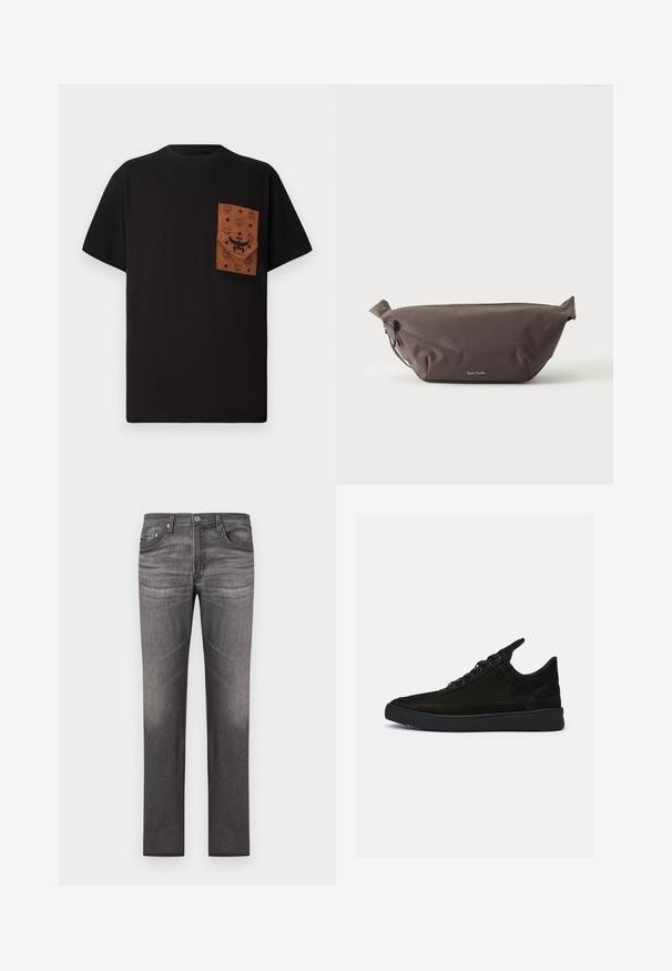 Zwart T-shirt met een bruine zak met een reliëfpatroon en logo. Korte mouwen en ronde halslijn. Katoenen stof, casual pasvorm.; Donkergrijze denim jeans met een recht model, vijf zakken, subtiele vervaging, en gestikte details langs de naden.; Zwarte suède sneakers met een lage profiel, ronde neus en een gestructureerde rubberen zool. Beschikt over vijf veterogen en een achterste lus.; Donkerbruine stoffen heuptas met diagonale ritssluiting en klein wit logo aan de voorkant, tegen een effen lichte achtergrond.