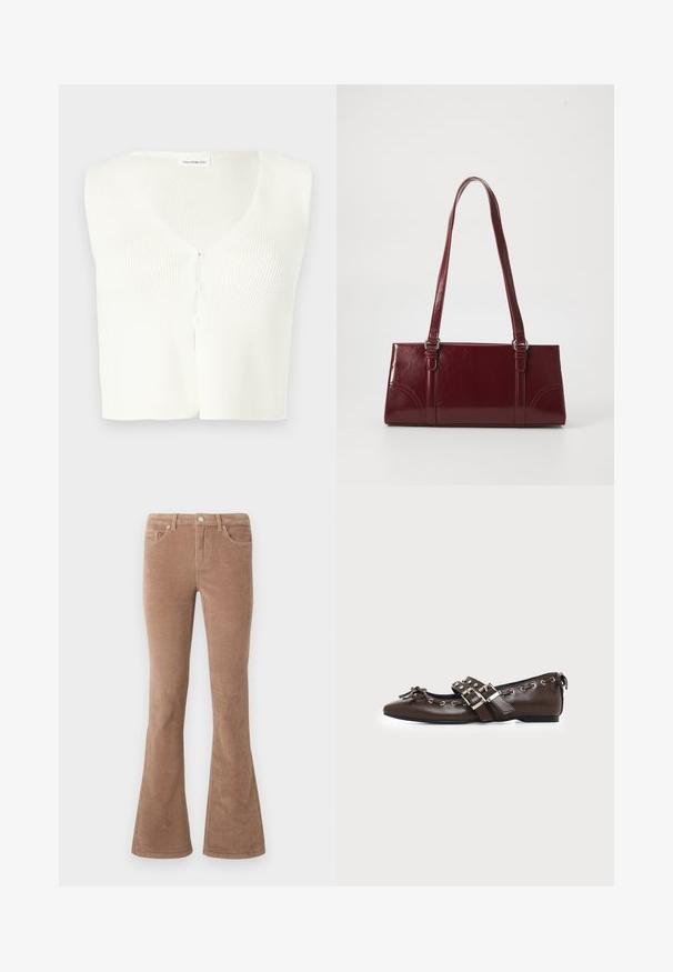 Cardigan court sans manches blanc en tricot avec col en V et petite fermeture devant à crochets et œillets.; Pantalons en velours côtelé marron évasés avec une surface texturée, dotés de cinq poches, d'une fermeture à bouton et de passants de ceinture.; Chaussure plate en cuir marron foncé avec bout pointu, doubles brides à boucles argentées, œillets métalliques et nœud décoratif à l'avant.; Sac à main bordeaux en matériau brillant, de forme rectangulaire, avec deux anses et des accents légèrement courbés à l'avant.