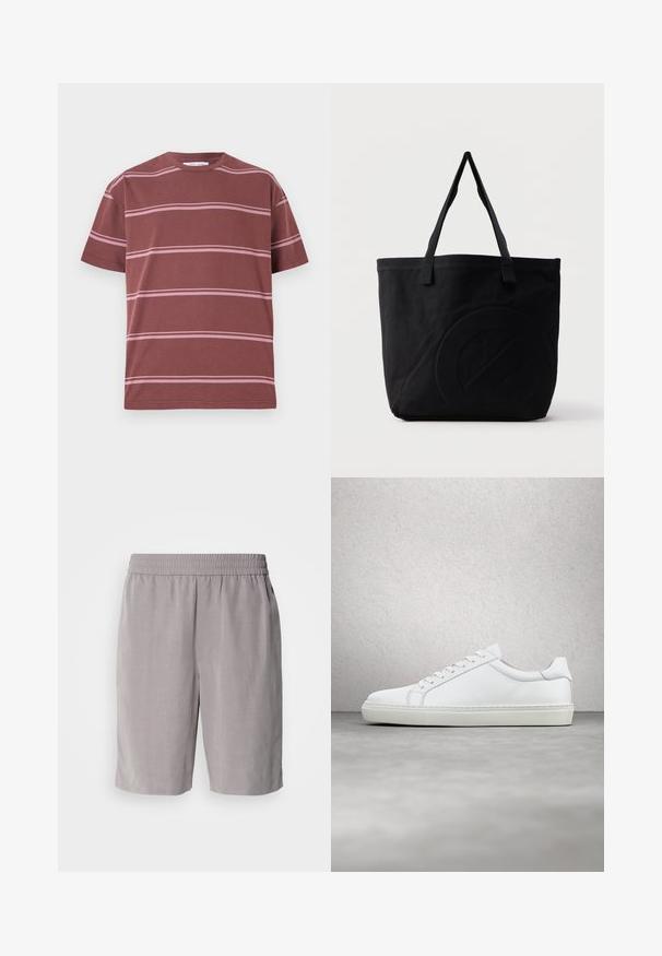 Bordo tričko s horizontálnymi ružovými pruhmi, okrúhlym výstrihom, krátkymi rukávmi a voľným strihom. Vyrobené z mäkkej bavlny.; Calvin Klein PULL ON - Šortky - steeple gray; Biele tenisky s hladkým koženým zvrškom a nízkym profilom. Majú zaoblenú špičku, šesť očiek a štruktúrovanú gumovú podrážku.; Čierna plátená taška s dvoma ramennými popruhmi a jemným vtlačeným kruhovým vzorom na prednej strane.
