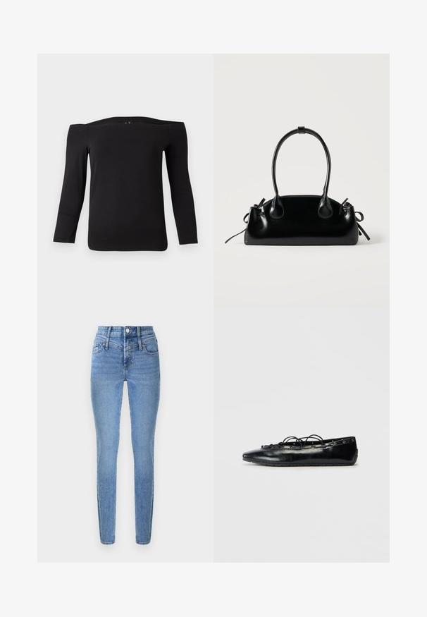 Zwarte off-shoulder top met lange mouwen, gemaakt van een soepele, rekbare stof. Kenmerkt zich door een brede halslijn en een getailleerde pasvorm.; Skinny jeans van lichtblauwe denim met een hoge taille, twee voorzakken en een ritssluiting. Kenmerkt zich door een gladde textuur en subtiele vervaging.; Zwarte puntige platte schoen met vetersluiting en oogjes langs de randen, weergegeven op een witte achtergrond.; Kleine zwarte glanzende handtas met twee lange hengsels en zijkant trekkoord details op een effen lichte achtergrond.