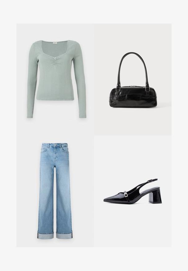 Langärmliges Oberteil aus strukturiertem, hellgrünem Stoff. Mit quadratischem Ausschnitt und einem zentralen Twist-Detail. Rippmuster im gesamten Stoff.; Hellblaue weite Jeans im klassischen Denim mit hoher Taille, ausgestattet mit umgeschlagenen Säumen und sichtbaren Nähten.; Schwarzer Slingback-Absatz aus Lackleder mit spitzer Zehenpartie, niedrigem Blockabsatz und zwei kleinen silbernen Schnallen an den Riemen.; Schwarze Lederhandtasche in rechteckiger Form, mit einem stabilen Griff, silbernem Zubehör und Reißverschluss. Glatte Textur.