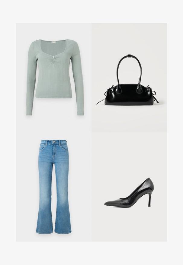 Langärmliges Oberteil aus strukturiertem, hellgrünem Stoff. Mit quadratischem Ausschnitt und einem zentralen Twist-Detail. Rippmuster im gesamten Stoff.; Hellblaue Denim-Flaggenjeans mit Fronttaschen, Gürtelschlaufen und einer Knopfverschlus gegen einem weißen Hintergrund.; Schwarzer Damenspitzschuh aus Lackleder mit spitzer Zehenpartie und schlankem Absatz auf hellem, schlichter Hintergrund.; Kleine schwarze glänzende Handtasche mit zwei langen Griffen und seitlichen Kordelzug-Details vor einfachem hellem Hintergrund.