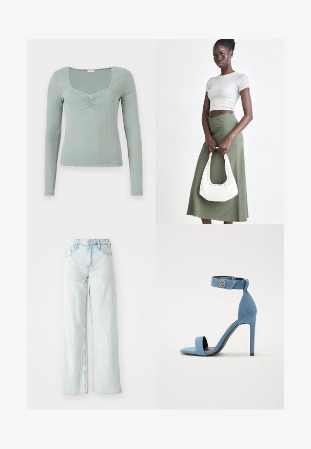 Top de manga larga en tejido verde claro texturizado. Presenta un escote cuadrado y un detalle de torsión central. Patrón acanalado en toda la prenda.; Jeans de pierna ancha de talle alto en denim de color azul claro. Cuenta con cinco bolsillos y cierre de botón. Textura desgastada en los muslos.; Sandaña de tacón alto de denim azul con una correa en el tobillo y cierre de botón. Presenta una punta cuadrada y una suela negra para contraste.; Top corto de canalé gris y falda de tiro alto verde oliva. La modelo sostiene un bolso de hombro blanco con detalles recortados. Diseño simple, silueta ajustada.