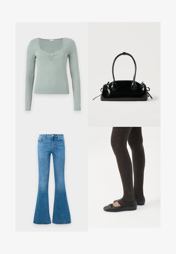 Langärmliges Oberteil aus strukturiertem, hellgrünem Stoff. Mit quadratischem Ausschnitt und einem zentralen Twist-Detail. Rippmuster im gesamten Stoff.; Blaue Denim-Jeans im Schlagstil mit mittelhohem Bund, fünf Taschen, einem normalen Knopfverschluss und leichter Verblassung für Textur.; Beine in dunklen, gerippten Leggings kombiniert mit schwarzen Ballerinas mit kleinen Schleifendetails auf weißem Hintergrund.; Kleine schwarze glänzende Handtasche mit zwei langen Griffen und seitlichen Kordelzug-Details vor einfachem hellem Hintergrund.