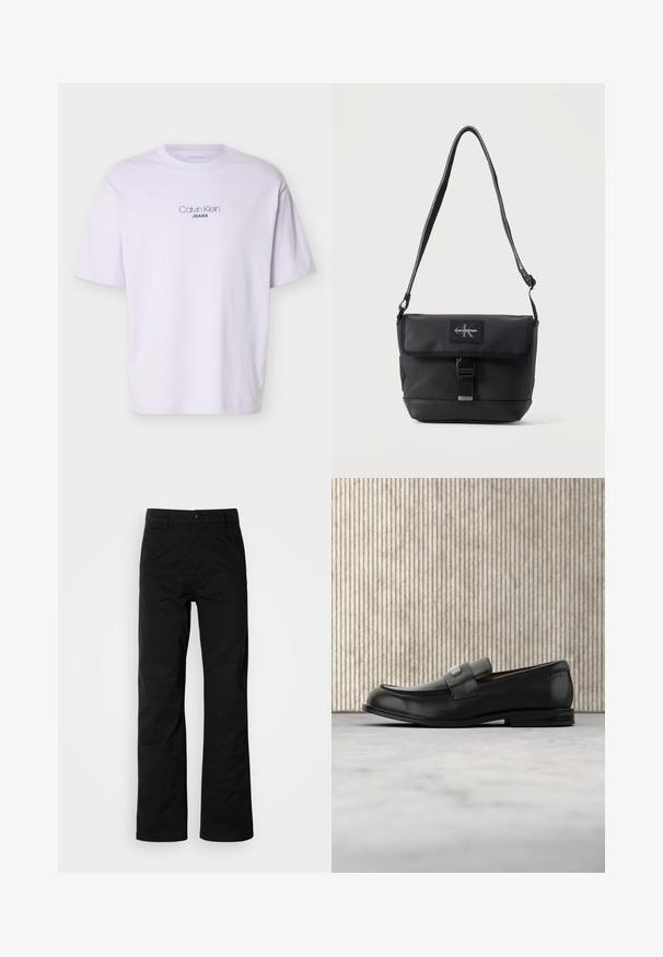 Λευκό κοντομάνικο μπλουζάκι με το κείμενο "Calvin Klein JEANS" τυπωμένο στο κέντρο του στήθους με μαύρα γράμματα.; Μαύρο βαμβακερό παντελόνι με ίσια γραμμή, που διαθέτει κλείσιμο με κουμπί και θηλιές για ζώνη. Λείο υφή και μινιμαλιστικό στυλ χωρίς ορατά σχέδια.; Μαύρο δερμάτινο μοκασίνι με μεταλλική πλάκα μάρκας που ακουμπά δίπλα σε καφέ στρογγυλό τραπέζι πάνω σε μπεζ χαλί.; Μαύρη τσάντα ώμου Calvin Klein με ρυθμιζόμενο λουρί, μπροστινό καπάκι, κλείσιμο με πόρπη και εμφανές λογότυπο της μάρκας.