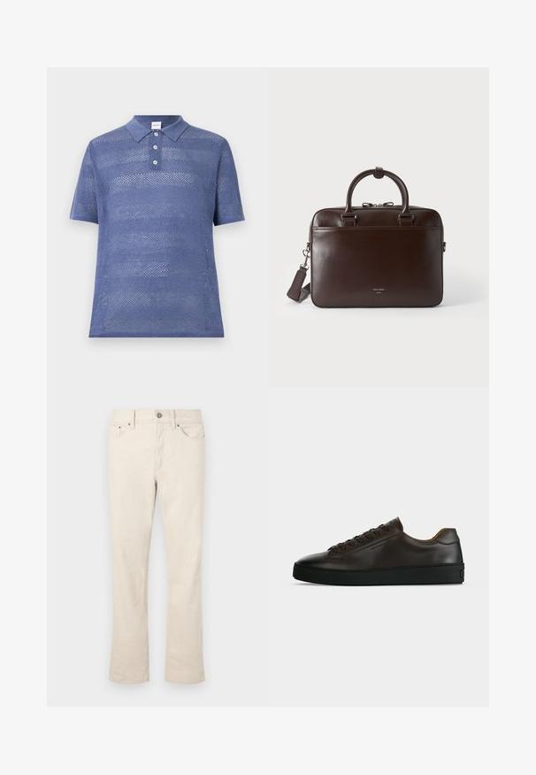 Μπλε, κοντομάνικο polo shirt φτιαγμένο από ύφασμα ανοιχτής πλέξης. Διαθέτει γιακά με τρία κουμπιά και υφή με ριγωτό σχέδιο.; Beige τζιν από μείγμα βαμβακιού με ίσια γραμμή. Διαθέτει κλείσιμο μπροστά με κουμπί και φερμουάρ, πέντε τσέπες και διακριτές ραφές.; Αθλητικό παπούτσι με χαμηλό προφίλ από σκούρο καφέ δέρμα, μαύρη καουτσούκ σόλα, μπροστινό δέσιμο με κορδόνια και απλό, μινιμαλιστικό σχεδιασμό σε ανοιχτό φόντο.; Καφέ σκουρόχρωμη δερμάτινη τσάντα χειρός με δύο λαβές, αποσπώμενο ιμάντα ώμου και μικρό λογότυπο μπροστά σε απλό φόντο.