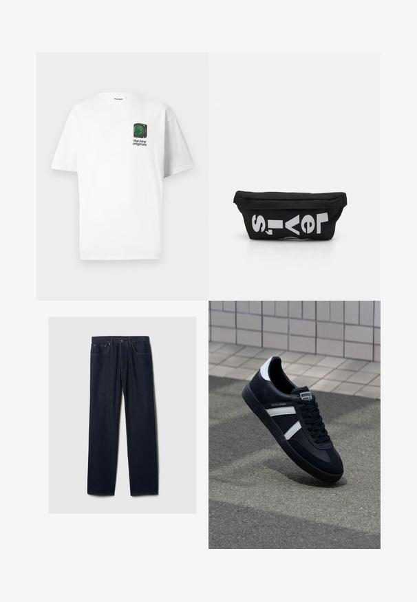 Weißes Baumwoll-T-Shirt mit kurzen Ärmeln. Es verfügt über eine kleine grüne Grafik und schwarzen Text im Bereich der linken Brust. Klassisches Rundhalsdesign.; Dunkelblaue gerade geschnittene Jeans aus Denim mit Fünf-Taschen-Design, Knopfverschluss und sichtbaren Nähten auf einem schlichten hellen Hintergrund.; Schwarze Leder-Sneaker mit weißen Streifen, strukturiertem Gummisohle und Schnürung. Verfügt über ein Markenetikett auf der Zunge.; Schwarze Stofftasche mit flacher Form, mit fettgedrucktem weißen Text. Der Reißverschluss befindet sich oben, mit einer Schlaufe an einer Seite.