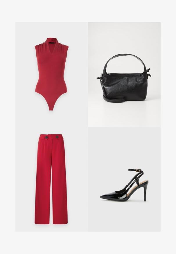 Body rouge sans manches avec un décolleté en V et des détails froncés aux épaules, conçu pour une silhouette ajustée.; Pantalon large rouge taille haute avec deux boutons noirs sur la ceinture, plis devant et ourlet droit.; Escarpin en cuir verni noir à talon haut, avec un bout pointu, une bride réglable à la cheville et des côtés ouverts. Texture lisse.; Sac à main en cuir noir au design structuré, avec une poignée arrondie et une bandoulière amovible. Présente une texture lisse et un éclat subtil.