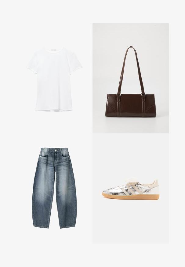 Weißes T-Shirt mit kurzen Ärmeln aus glatter Stoffqualität, mit rundem Ausschnitt und dezenten Nähten am Saum.; Weite Jeans aus hellblauem Denim mit Ausbleichungen, im fünf-Taschen-Design, mit Knopfverschluss und minimalen Nähtelementen.; Niedriger Sneaker mit glänzend silbernem Obermaterial, beige drei Streifen, weiße Schnürsenkel und leicht braune Gummisohle, in Seitenansicht auf weißem Hintergrund gezeigt.; Braune Lackleder-Handtasche in rechteckiger Form, mit zwei langen Griffen und subtilen, geschwungenen Akzenten auf der Vorderseite.