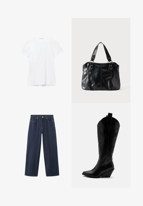 T-shirt blanc à manches courtes en tissu lisse, avec un col rond et de subtils détails de couture à l'ourlet.; Jean en denim bleu foncé à jambes larges avec cinq poches, fermeture par bouton et passants pour ceinture, présenté à plat sur un fond blanc.; Botte de cowboy en cuir noir avec bout pointu, talon bloc incliné, couture décorative et languettes en haut sur fond blanc.; Sac à épaule en cuir noir avec double anses attachées par des anneaux et rivets dorés, surface lisse et légèrement brillante, design simple.