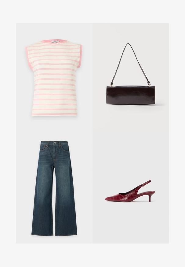 Haut sans manches en maille côtelée rayé crème et rose avec une bordure rose autour du col et des emmanchures.; Jean en denim bleu à jambes larges avec cinq poches, fermeture par bouton et coutures marron visibles, présenté à plat sur fond blanc.; Escarpin à talon kitten en cuir bourgogne avec texture crocodile, bout pointu, bride ajustable et talon bas sur fond blanc.; Sac à main rectangulaire en cuir noir avec une longue bandoulière unique et une finition brillante, présenté sur un fond blanc uni.