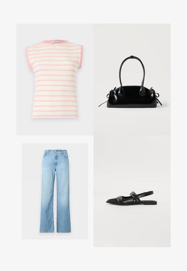 Haut sans manches en maille côtelée rayé crème et rose avec une bordure rose autour du col et des emmanchures.; Jean denim bleu clair à jambes larges avec bouton et fermeture éclair à l'avant, passants pour ceinture, et design cinq poches.; Even&Odd by Zalando Ballerines à brides arrière - black; Petit sac à main noir brillant avec deux longues anses et des détails à cordon sur les côtés sur un fond clair uni.