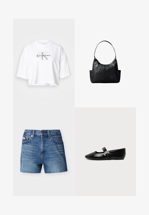 Λευκό κοντομάνικο crop top με υπερμεγέθη μανίκια, που διαθέτει μεγάλο γκρι λογότυπο "CK" και μαύρο λογότυπο "Calvin Klein" στο κέντρο του μπροστινού μέρους.; Μπλε τζιν σορτς με κούμπωμα κουμπιού, θηλιές για ζώνη, εμπρόσθιες τσέπες και μικρή ετικέτα Calvin Klein στην δεξιά τσέπη.; Μαύρο δερμάτινο παπούτσι Mary Jane με επίπεδη σόλα, στρογγυλεμένη μύτη και ασημένια αγκράφα σε απλό φόντο.; Μαύρη δερμάτινη τσάντα ώμου με έναν ιμάντα, πλαϊνές τσέπες και ένα διακριτικό ανάγλυφο λογότυπο Calvin Klein στο μπροστινό κάτω δεξί μέρος.