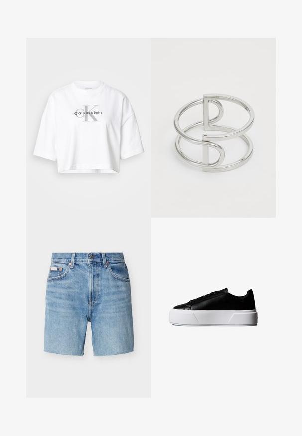 Λευκό κοντομάνικο crop top με υπερμεγέθη μανίκια, που διαθέτει μεγάλο γκρι λογότυπο "CK" και μαύρο λογότυπο "Calvin Klein" στο κέντρο του μπροστινού μέρους.; Σορτς από ανοιχτό μπλε τζιν με κλείσιμο κουμπιού και φερμουάρ, θηλιές για ζώνη, μπροστινές τσέπες και μικρή ετικέτα μάρκας στην αριστερή τσέπη.; Μαύρο αθλητικό παπούτσι χαμηλού ύψους με παχύ λευκό πάτο πλατφόρμας και μαύρα κορδόνια, πλευρική όψη σε λευκό φόντο.; Ασημένιο μεταλλικό βραχιόλι με διπλό βρόχο, με λείο και γυαλιστερό φινίρισμα και μινιμαλιστική γεωμετρική λεπτομέρεια.