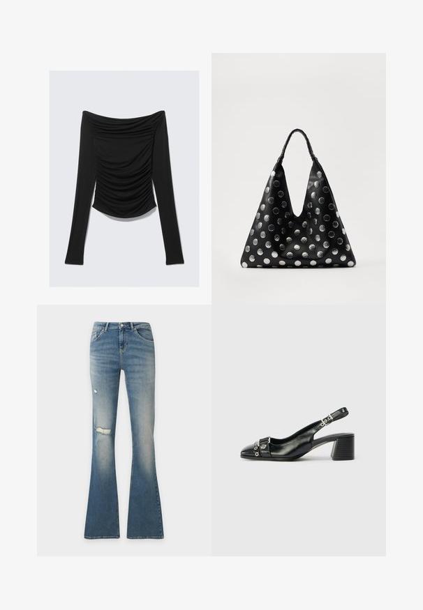 Sort langærmet off-shoulder top med rynkede detaljer foran og en tætsiddende silhuet mod en ensfarvet baggrund.; Blå denim flare-jeans med slidte detaljer på venstre lår og knæ, frontknap og femlommers-design.; Sorte læder slingback hæl med spids tå, tekstureret rem med cirkulære metalliske accenter, og en stablet blokhæl.; Sort lædertaske med en trekantet form, udstyret med sølvfarvede metallic prikker og et tekstureret håndtag. Generelt glat finish.