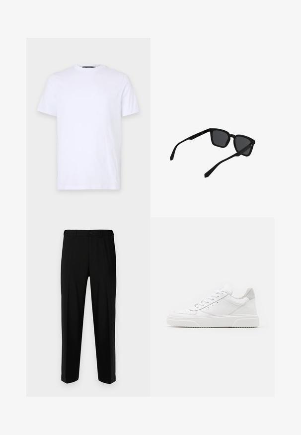 Witte katoenen t-shirt met korte mouwen, ronde halslijn, voorzien van een subtiele reliëflogo op de linkerborst, met een soepele textuur.; Zwarte broek van gladde stof, met een rechte snit, twee voorzakken en een ritssluiting met knoopsluiting.; Witte leren sneakers met een gladde afwerking, ronde neus, platte veters en een gestructureerde zool. Grijze suède accent bij de hiel.; Zwarte rechthoekige zonnebril met dikke monturen en donkere glazen, licht schuin weergegeven op een witte achtergrond.