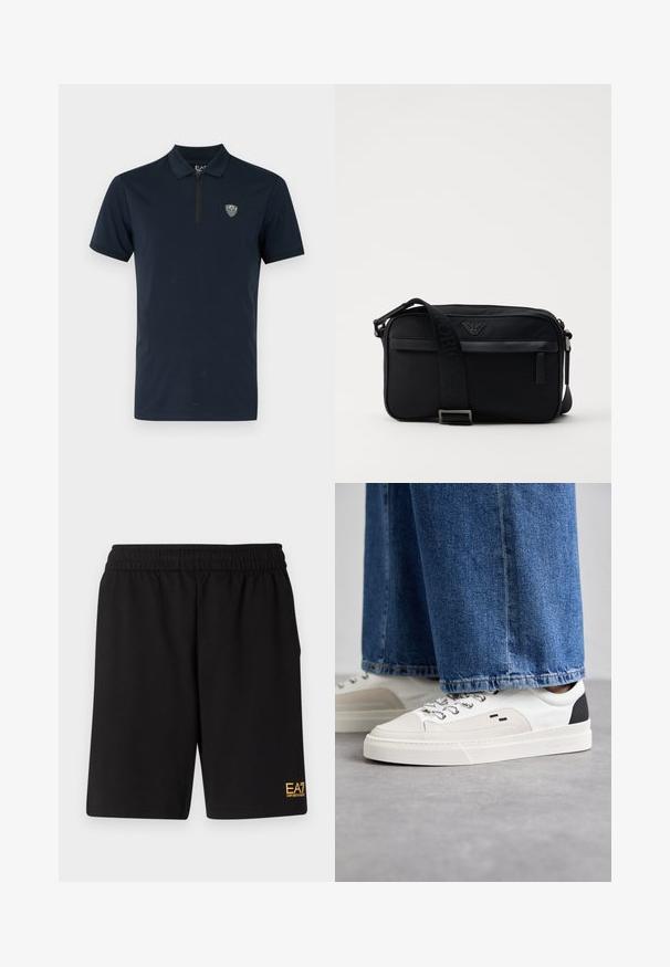 Polo-shirt bleu marine à manches courtes, col zippé et petit logo brodé sur la poitrine. Tissu lisse et léger.; Shorts de sport noirs en tissu doux, avec une taille élastique et un petit logo jaune EA7 sur le bas de la jambe gauche.; Baskets blanches et noires avec une tige en cuir lisse, des accents texturés et une semelle épaisse blanche. Présentent un design classique à lacets.; Sac à bandoulière en nylon noir avec une sangle contrastante, une forme rectangulaire élégante, un détail de logo et une poche zippée à l'avant.