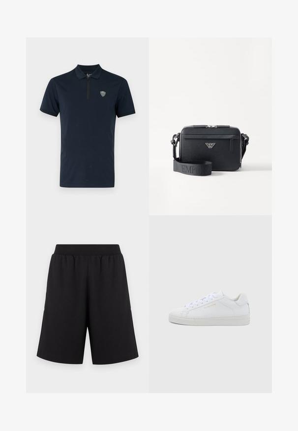 Marineblå polo med korte ærmer, lynlåskrage og et lille, broderet logo på brystet. Glat, letvægtsstof.; Sorte shorts med elastisk taljebånd, lavet af blødt stof, med lige ben og uden markante mønstre eller accenter.; Hvide sneakers i lav model og læder med rund snude, flade snørebånd, tekstureret sål og diskret guldfarvet logo på siden. Glat overflade og minimalistisk design.; Sort crossbody taske lavet af tekstureret materiale. Har en lynlåslukning, en frontlomme med lynlås og en metallogo akcent. Inkluderer justerbar rem.