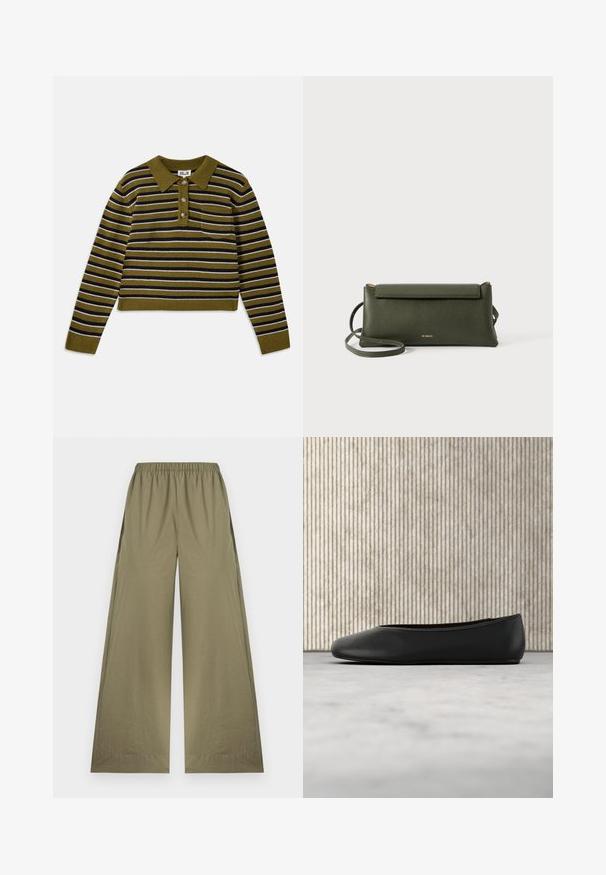 Pull rayé avec une base verte, présentant des rayures horizontales noires et blanches, un col, trois boutons et une poche poitrine.; Pantalon large vert olive avec taille élastique, devant plat et sans poches visibles, présenté sur un fond blanc.; Ballerine en cuir noir avec un bout arrondi, texture lisse et un accent logo doré sur le côté. Placée au-dessus d'une surface réfléchissante.; Sac en cuir texturé vert foncé, porté en travers du corps, avec fermeture à rabat et fine sangle réglable, embossé d'un petit logo doré "Bee Projects".
