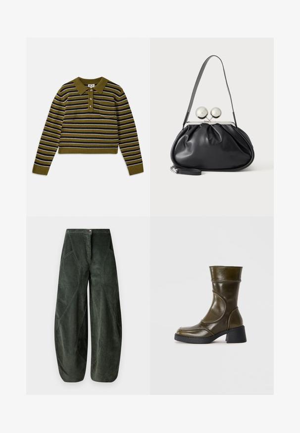 Suéter a rayas con base verde, con rayas horizontales en negro y blanco, un cuello con solapa, tres botones y un bolsillo en el pecho.; Pantalones de pierna ancha en tejido de pana verde oscuro, con cierre de botón y bolsillos laterales en ángulo con un patrón texturizado y acanalado.; Botín de cuero verde oliva con puntera redondeada, panel elástico y tacón negro grueso. Textura suave y detalles de costura sutiles.; Bolso de mano de cuero negro con diseño fruncido, una sola correa, marco metálico plateado y dos cierres grandes redondos de plata.