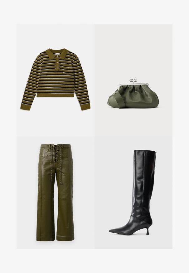 Pull rayé avec une base verte, présentant des rayures horizontales noires et blanches, un col, trois boutons et une poche poitrine.; Pantalons larges en cuir vert olive avec une finition texturée, dotés d'un devant à lacets et de solides accents en métal noir.; Botte en cuir noir hautes jusqu'au genou avec un bout pointu et un talon fin et courbé. Texture lisse, design ajusté, sans matériel ni motifs visibles.; Pochette en cuir vert olive avec un design froncé, un cadre métallique argenté et un fermoir à double boule. Présente une texture lisse et une large bandoulière.