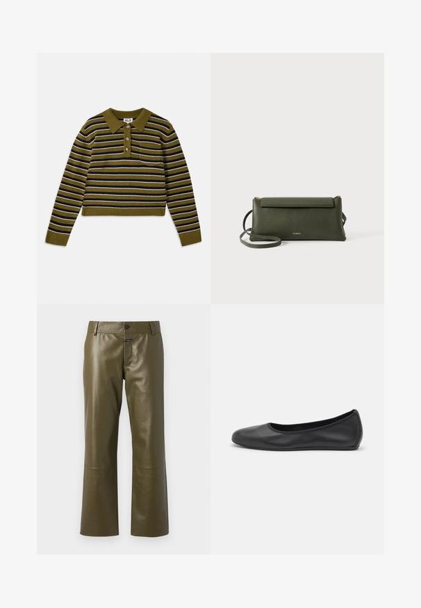 Stripet sweater med grøn bund, der har vandrette striber i sort og hvid, en kravehals, tre knapper og en brystlomme.; CLOSED SERANDON - Skindbukser - marsh green; Sort læderballetsko med rund tå, glat tekstur, minimal syning og et fleksibelt såldesign.; Mørkegrøn struktureret læder crossbody taske med klaplukning og tynd justerbar rem, præget med lille guld "Bee Projects" logo.