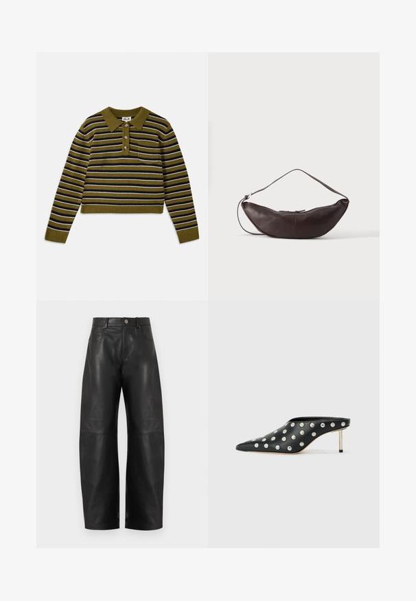 Stripet sweater med grøn bund, der har vandrette striber i sort og hvid, en kravehals, tre knapper og en brystlomme.; Højttaljede sorte læderbukser med vide ben, forrest med knap, lynlås og to forlommer, vist mod en hvid baggrund.; STAND STUDIO KELSEY - Mules med hæl - black; Mørkebrun læder skuldertaske i halvmåneform med buet rem og synlige syninger på ensfarvet baggrund.