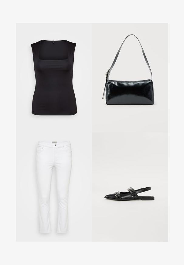 Haut sans manches noir en tissu lisse, avec un col carré et une coupe ajustée, aux bords nets et sans motifs ni accents visibles.; Jean en denim blanc avec une coupe droite. Comprend cinq poches, une fermeture à bouton en haut et des finitions métalliques en argent avec une texture lisse.; Even&Odd by Zalando Ballerines à brides arrière - black; Sac d'épaule rectangulaire noir avec une sangle réglable unique et une fermeture éclair supérieure sur un fond uni.