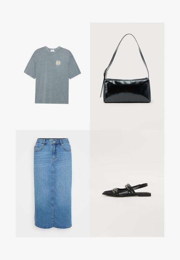 T-shirt surdimensionné bleu clair en coton doux, avec un col rond et un motif de soleil jaune sur le côté gauche de la poitrine.; Jupe midi en denim bleu avec une fermeture à boutons sur le devant, cinq poches et une coupe droite. Présente un lavage décoloré et des détails cousus.; Even&Odd by Zalando Ballerines à brides arrière - black; Sac d'épaule rectangulaire noir avec une sangle réglable unique et une fermeture éclair supérieure sur un fond uni.