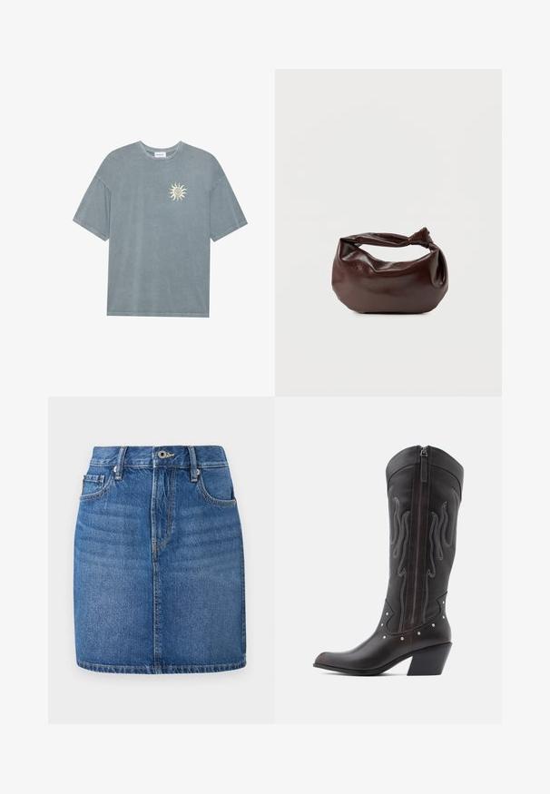 Hellblaues oversized T-Shirt aus weichem Baumwollstoff mit rundem Halsausschnitt und einem gelben Sonnenmotiv auf der linken Brustseite.; Blaues Jeansrock mit geradem Schnitt, einem Bund, Fronttaschen und einer ausgewaschenen Optik. Mit Kontrastnähten und einem Reißverschluss.; Braune Cowboy-Stiefel aus Leder mit Flammenstickerei, seitlichem Reißverschluss, silbernen Nieten, spitzer Zehenpartie und geschichtetem Absatz.; Dunkelbraune Lederschultertasche mit weicher, lockerer Form und einem gedrehten Knotengriff vor schlichtem weißem Hintergrund.