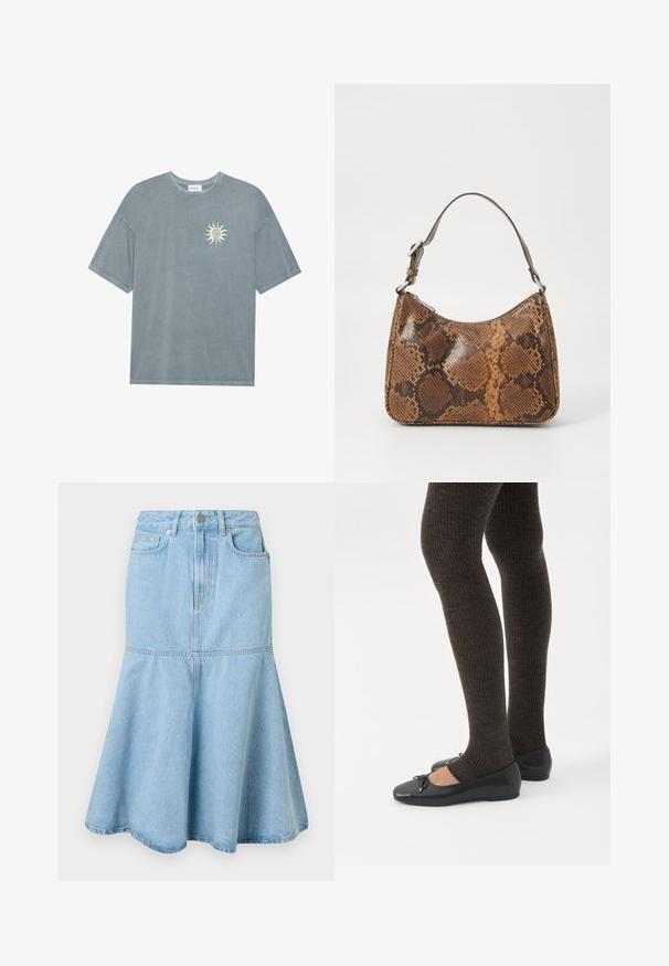 T-shirt surdimensionné bleu clair en coton doux, avec un col rond et un motif de soleil jaune sur le côté gauche de la poitrine.; Jupe en denim bleu clair avec un bas évasé, dotée d'une taille cintrée, de poches et de détails de couture subtils.; Jambes portant des leggings côtelés foncés associés à des ballerines noires avec de petits détails en nœud sur fond blanc.; Petit sac à main avec un motif en peau de serpent marron et noir, courroie courte et ajustable, et fermeture éclair.