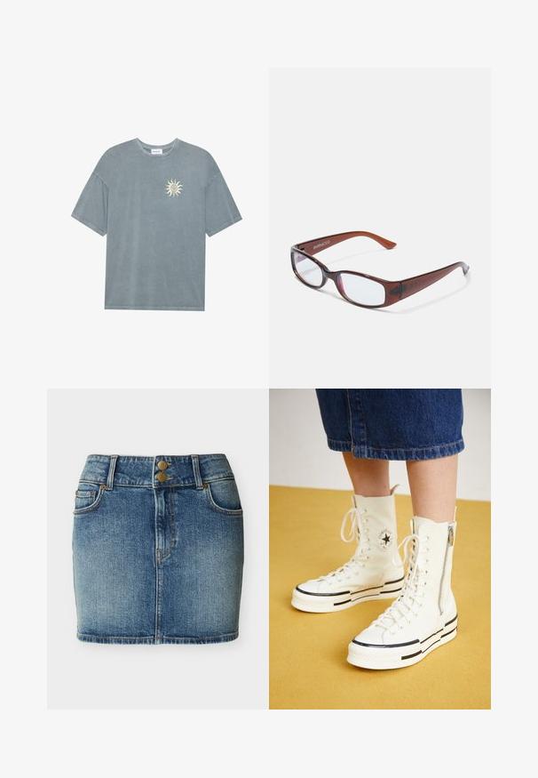 T-shirt surdimensionné bleu clair en coton doux, avec un col rond et un motif de soleil jaune sur le côté gauche de la poitrine.; Mini-jupe en denim bleu avec poches avant, passants pour ceinture et deux boutons en laiton à la ceinture.; Baskets montantes blanches avec une fermeture éclair, un design à lacets et des accents de rayures noires sur une semelle épaisse. Matériau en toile texturée.; Lunettes rectangulaires teintées de brun avec une finition brillante, dotées de branches fines et de verres transparents. Logo visible sur la branche gauche.