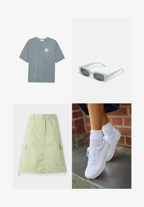 T-shirt surdimensionné bleu clair en coton doux, avec un col rond et un motif de soleil jaune sur le côté gauche de la poitrine.; Jupe en coton vert clair, longueur genou, avec deux poches cargo sur les côtés, une fermeture à bouton et une coupe droite décontractée. Texture unie.; Baskets en toile blanches avec semelles en caoutchouc, dotées de six œillets, d'un bout rond et de détails de couture légers, portées avec des chaussettes blanches mi-mollet.; Une paire de lunettes de soleil rectangulaires avec des montures translucides bleu clair et des verres gris foncé, présentant des branches droites et des détails matériels minimaux.