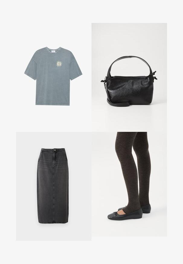 T-shirt surdimensionné bleu clair en coton doux, avec un col rond et un motif de soleil jaune sur le côté gauche de la poitrine.; Jupe midi en denim noir à coupe droite, fermeture par boutons sur le devant et poches latérales. Présente une texture lisse et un dégradé subtil.; Jambes portant des leggings côtelés foncés associés à des ballerines noires avec de petits détails en nœud sur fond blanc.; Sac à main en cuir noir au design structuré, avec une poignée arrondie et une bandoulière amovible. Présente une texture lisse et un éclat subtil.
