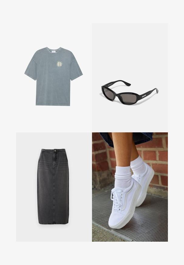 T-shirt surdimensionné bleu clair en coton doux, avec un col rond et un motif de soleil jaune sur le côté gauche de la poitrine.; Jupe midi en denim noir à coupe droite, fermeture par boutons sur le devant et poches latérales. Présente une texture lisse et un dégradé subtil.; Baskets en toile blanches avec semelles en caoutchouc, dotées de six œillets, d'un bout rond et de détails de couture légers, portées avec des chaussettes blanches mi-mollet.; Lunettes de soleil noires avec une monture rectangulaire, des verres sombres, un matériau plastique lisse et un accent métallique sur la branche.