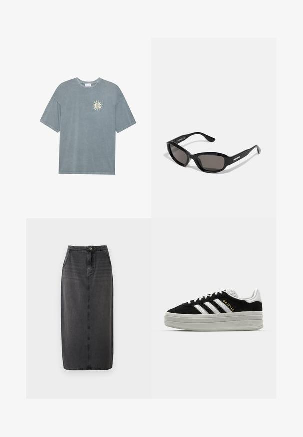 Lyseblå oversized t-shirt lavet af blødt bomuld med en rund halsudskæring og et gult solmotiv på venstre bryst.; Sort denim midi-nederdel med en lige pasform, frontlukning med knapper og sidelommer. Har en glat tekstur og subtil falmning.; Sort ruskind sneaker med hvide læderdetaljer, tre hvide striber, flade snørebånd og en tyk grå platformsål. Guldfarvet "Gazelle" branding.; Sorte solbriller med rektangulært stel, mørke linser, glat plastmateriale og en metalaccent på templet.