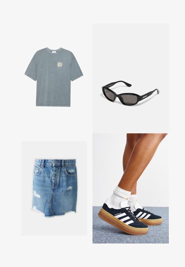T-shirt surdimensionné bleu clair en coton doux, avec un col rond et un motif de soleil jaune sur le côté gauche de la poitrine.; Jupe en denim mini en bleu clair avec des patchs déchirés, ourlet brut, design traditionnel à 5 poches et fermeture à boutons sur le devant.; Jambes portant des chaussettes blanches et des baskets Adidas Gazelle noires avec des bandes blanches et des semelles épaisses marron sur un sol recouvert de moquette grise.; Lunettes de soleil noires avec une monture rectangulaire, des verres sombres, un matériau plastique lisse et un accent métallique sur la branche.