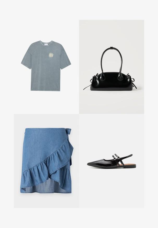 T-shirt surdimensionné bleu clair en coton doux, avec un col rond et un motif de soleil jaune sur le côté gauche de la poitrine.; Jupe portefeuille en denim bleu clair, avec un ourlet à volants et un détail à nouer à la taille. Texture lisse et silhouette fluide.; Des chaussures slingbacks en cuir verni noir présentent un bout pointu, deux sangles avec des accents de boucle, et une semelle plate.; Petit sac à main noir brillant avec deux longues anses et des détails à cordon sur les côtés sur un fond clair uni.