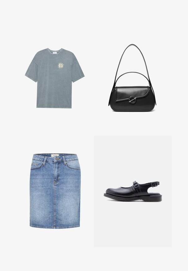 Lyseblå oversized t-shirt lavet af blødt bomuld med en rund halsudskæring og et gult solmotiv på venstre bryst.; Denim nederdel i lys blå med lige snit, der har forhåndsknaplukning, bæltestropper og minimale syninger.; Sort læder Mary Jane-stil sko med to justerbare spænde-remme og en tyk, rillet gummisål.; Sort skuldertaske i læder med en buet klap, der er fastgjort med en rund metal spænde, og en slank, justerbar rem.