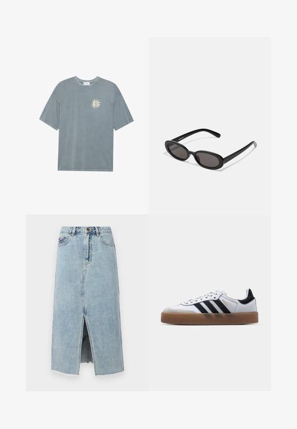 Lyseblå oversized t-shirt lavet af blødt bomuld med en rund halsudskæring og et gult solmotiv på venstre bryst.; Lysblå denimskørt med en frontslids, frynset kant, fem lommer og en knaplukning i taljen. Klassisk lige snit design.; Hvide lædersneakers med sorte striber, gummirubber sål, rund tå, snørelukning og blød grå ruskinds tåhætte.; Even&Odd by Zalando Solbriller - black