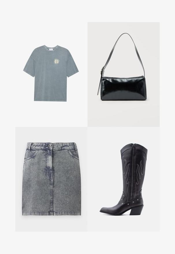 T-shirt surdimensionné bleu clair en coton doux, avec un col rond et un motif de soleil jaune sur le côté gauche de la poitrine.; Jupe en denim grise à délavage fondu, avec poches avant, fermeture par bouton et ourlet droit. Tissu texturé.; Bottes de cow-boy en cuir noir avec bout pointu, coutures apparentes, ornements à clous argentés et fermeture éclair sur le côté intérieur.; Sac d'épaule rectangulaire noir avec une sangle réglable unique et une fermeture éclair supérieure sur un fond uni.